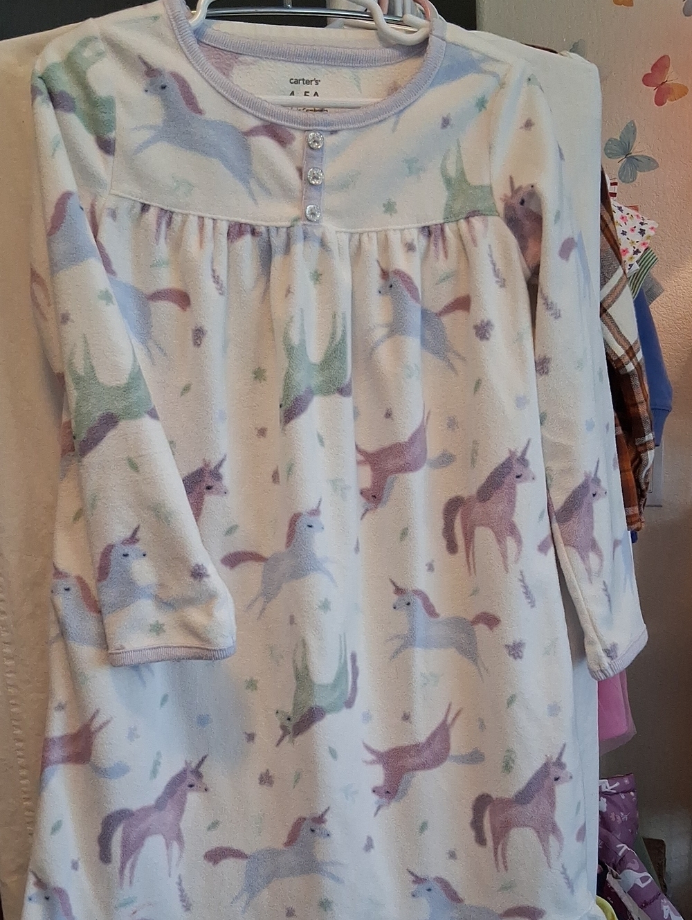 Carter's White Fleece Unicorn Nightgown with Pastel Purple, Blue & Green Accents